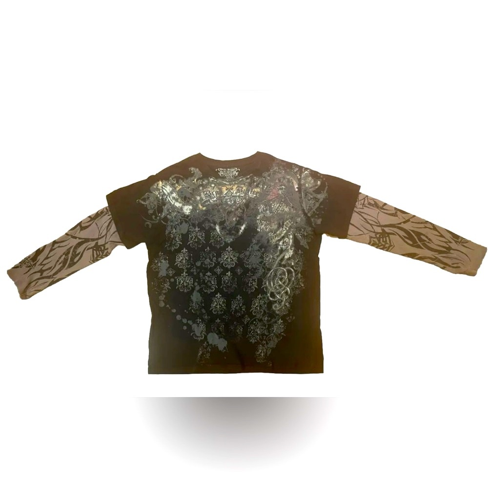Brad Butter™️ Vintage Long Sleeve Black & Grey Tribal Skull Crest Thermal TShirt